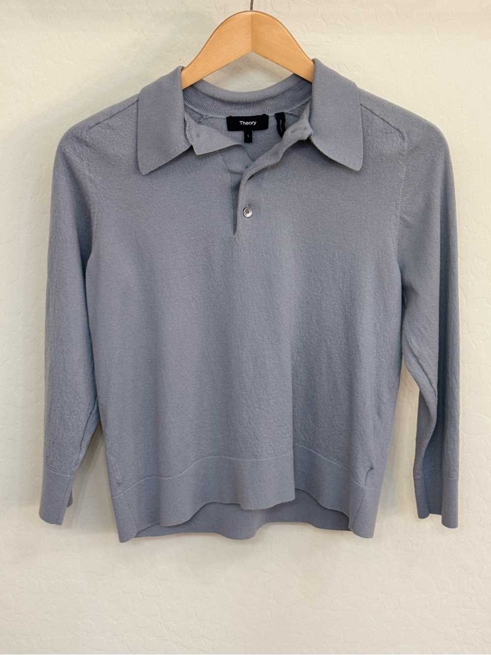 Theory Regal Wool Knit Long Sleeve Polo Sweater Blue Grey Women’s Large